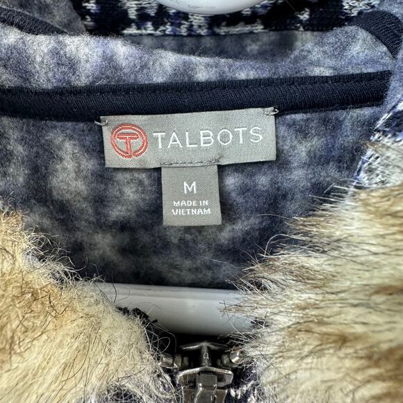 T By Talbots Vest‎ Womens M Navy White Snowflake Faux Fur Hood Nordic Warm Cozy - Picture 5 of 6